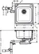 Edelstahl-Spüle von Hansgrohe mit quadratischer Form und zentralem Abfluss, sichtbare Rohrleitungen und Abmessungen in der Zeichnung.